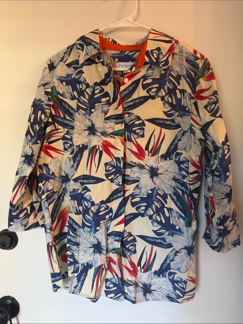Perlavera Tropical Floral Button-Down 3/4 sleeves vacation medium
